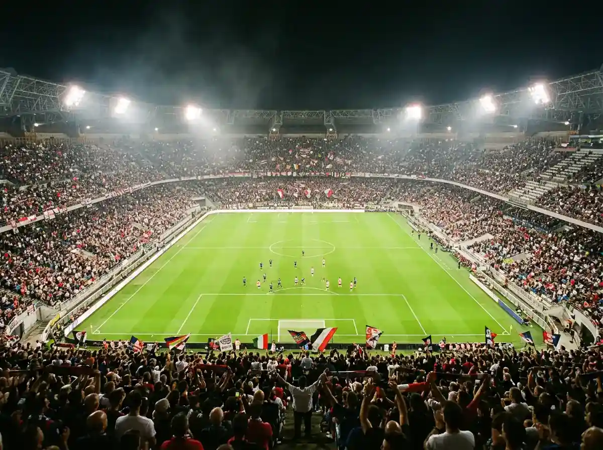 Italiaans voetbalstadion tijdens een Serie A-wedstrijd met volle tribunes